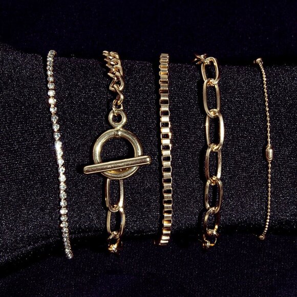 Gold Rhinestone Geometric 5-pcs Bracelet Set - Picture 3 of 5